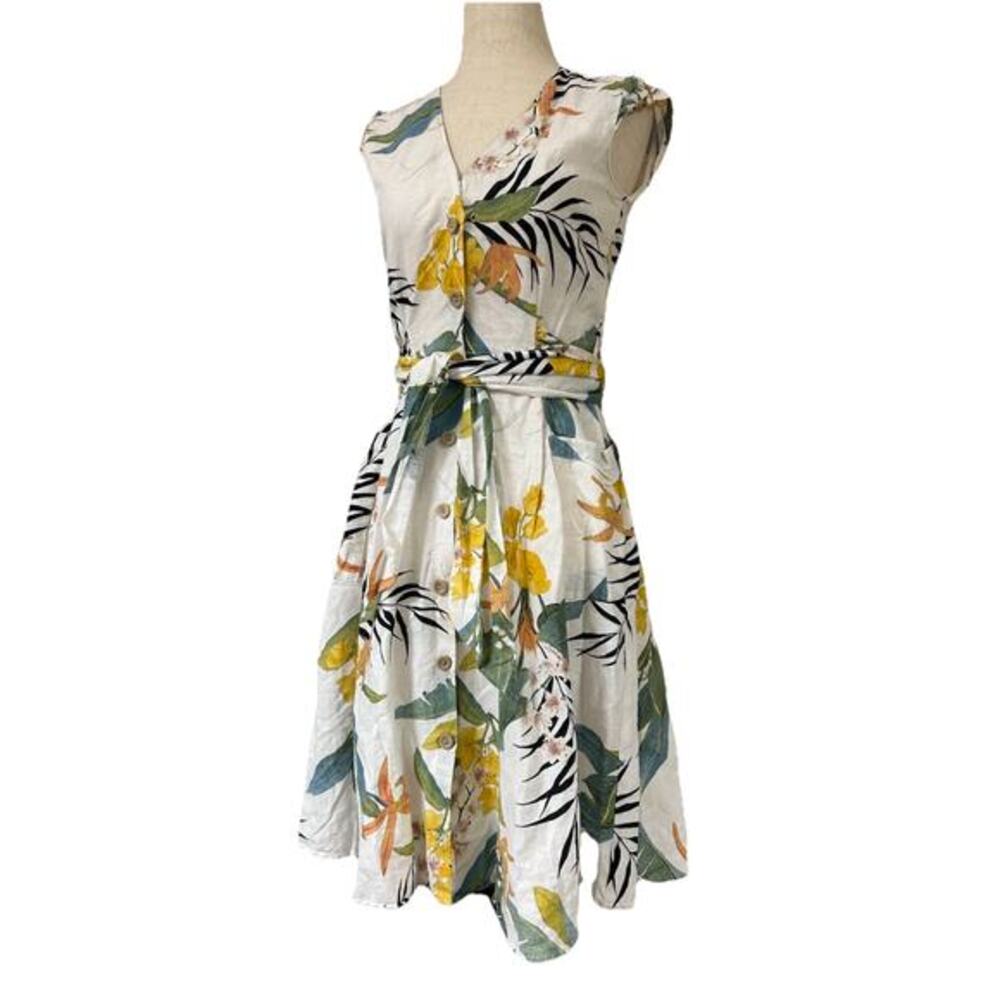 Zara Womens Tropical Floral Button Up Dress Flutter Sleeve Waist Tie Linen Small